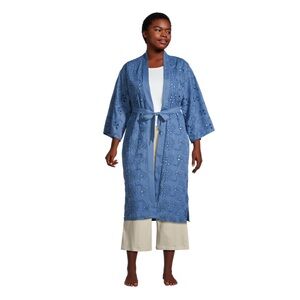 World Market Navy Blue Eyelet Embroidered Open Front Duster Jacket